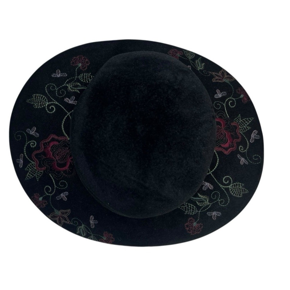 Louise Green Wide Brim Hat Black‎ Floral Embroidered Boho Wool Felt Round Crown
